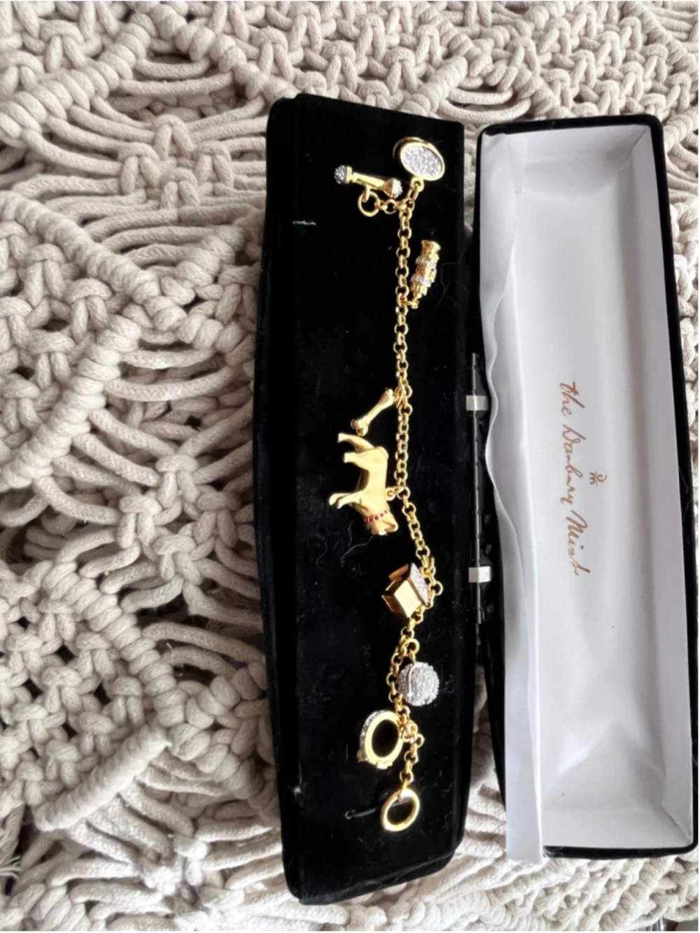 Vintage Danbury Mint Pug Dog Charm Bracelet 24K Gold Plated In Original Box
